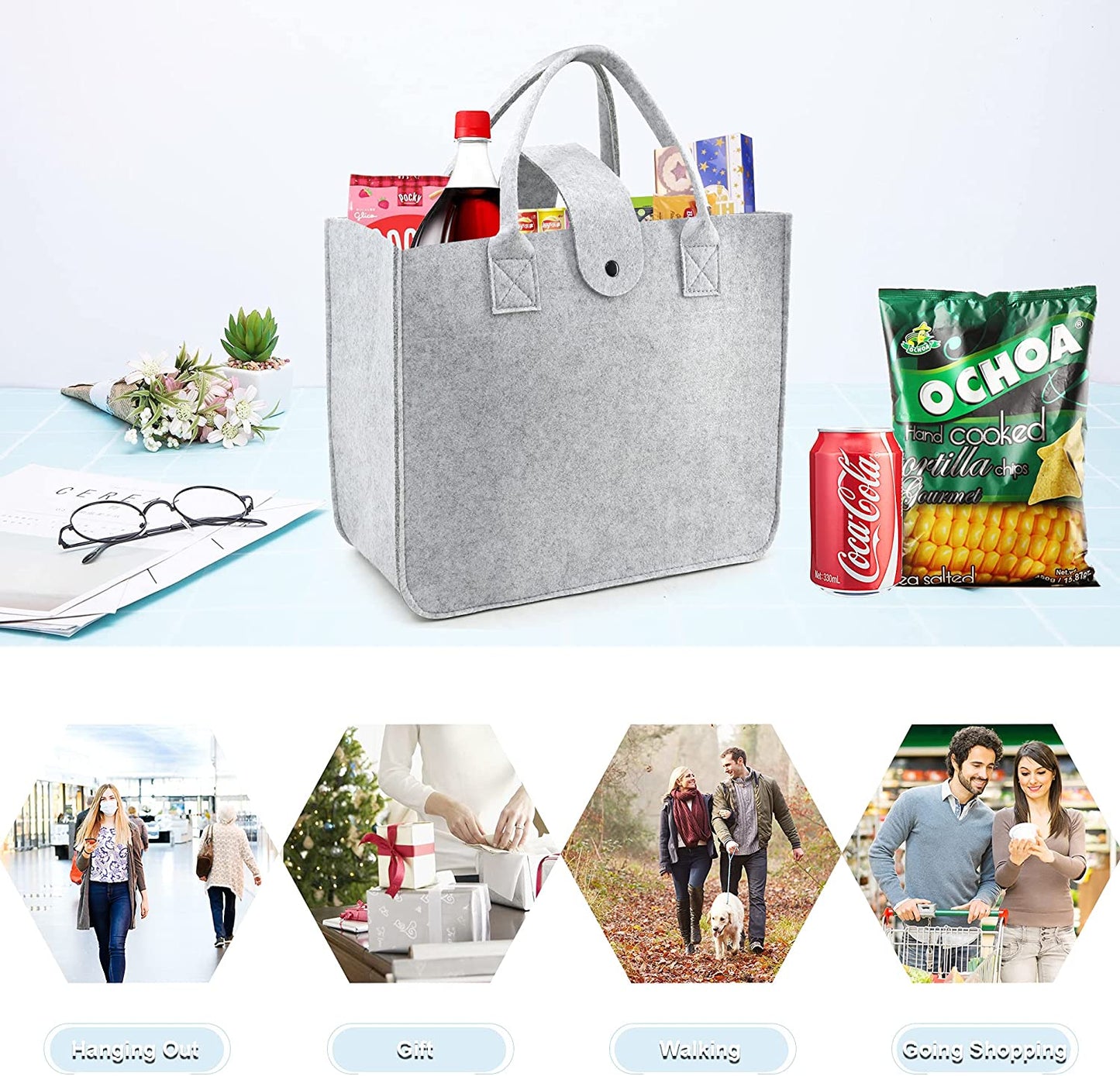 SYUTAM Felt Fabric Reusable Shopping Bag with Handle & Button Closure for Grocery, School, Beach, Travel, Study, Gym, Gifts