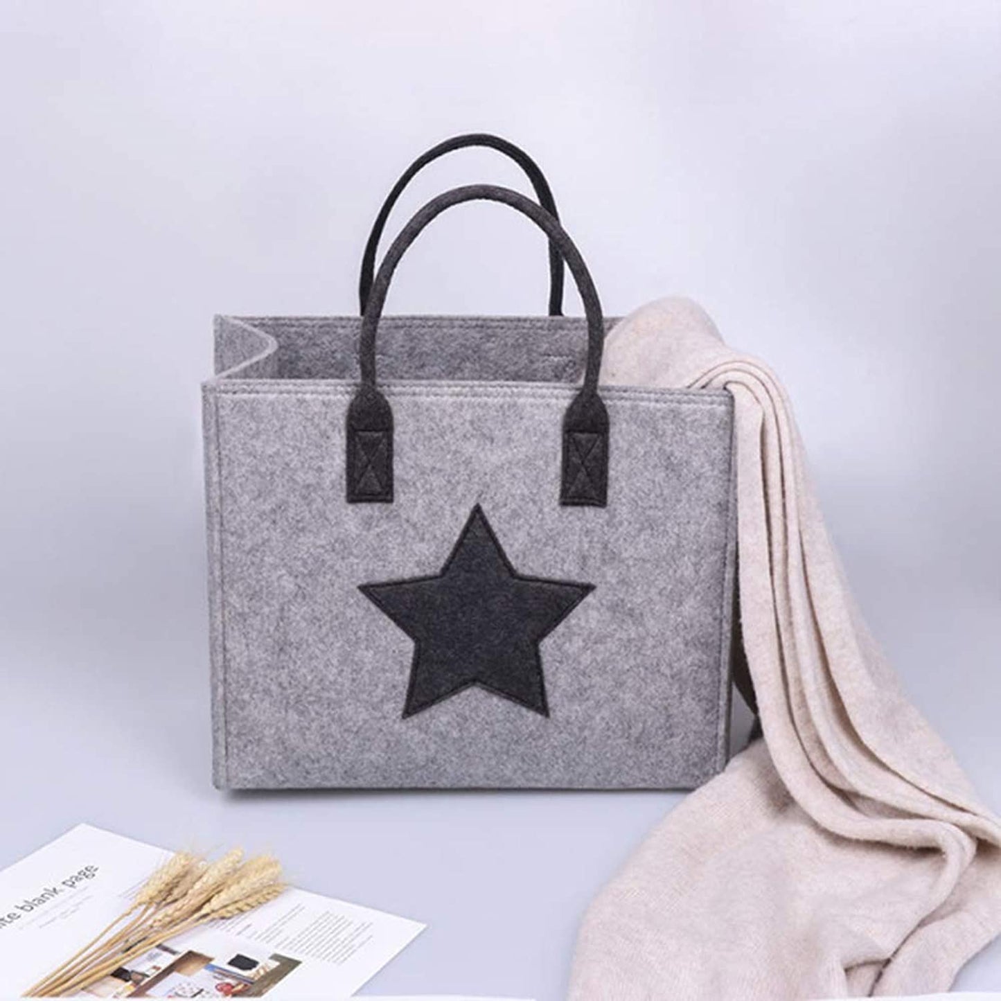 SYUTAM Reusable Shopping Bag, Felt Storage Tote Utility Bag with White Star and Handles | Work, Beach, Travel, Newspaper, Magazine, Toy, Clothes