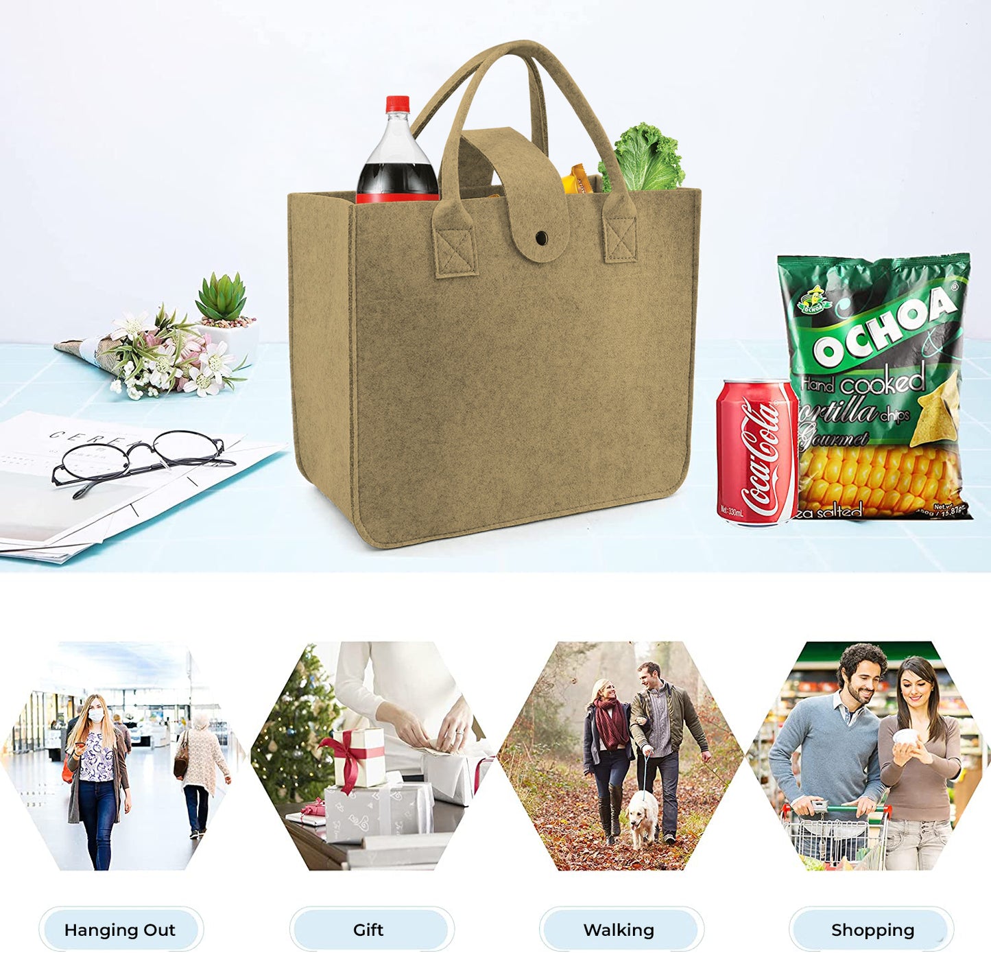 SYUTAM Felt Fabric Reusable Shopping Bag with Handle & Button Closure for Grocery, School, Beach, Travel, Study, Gym, Gifts