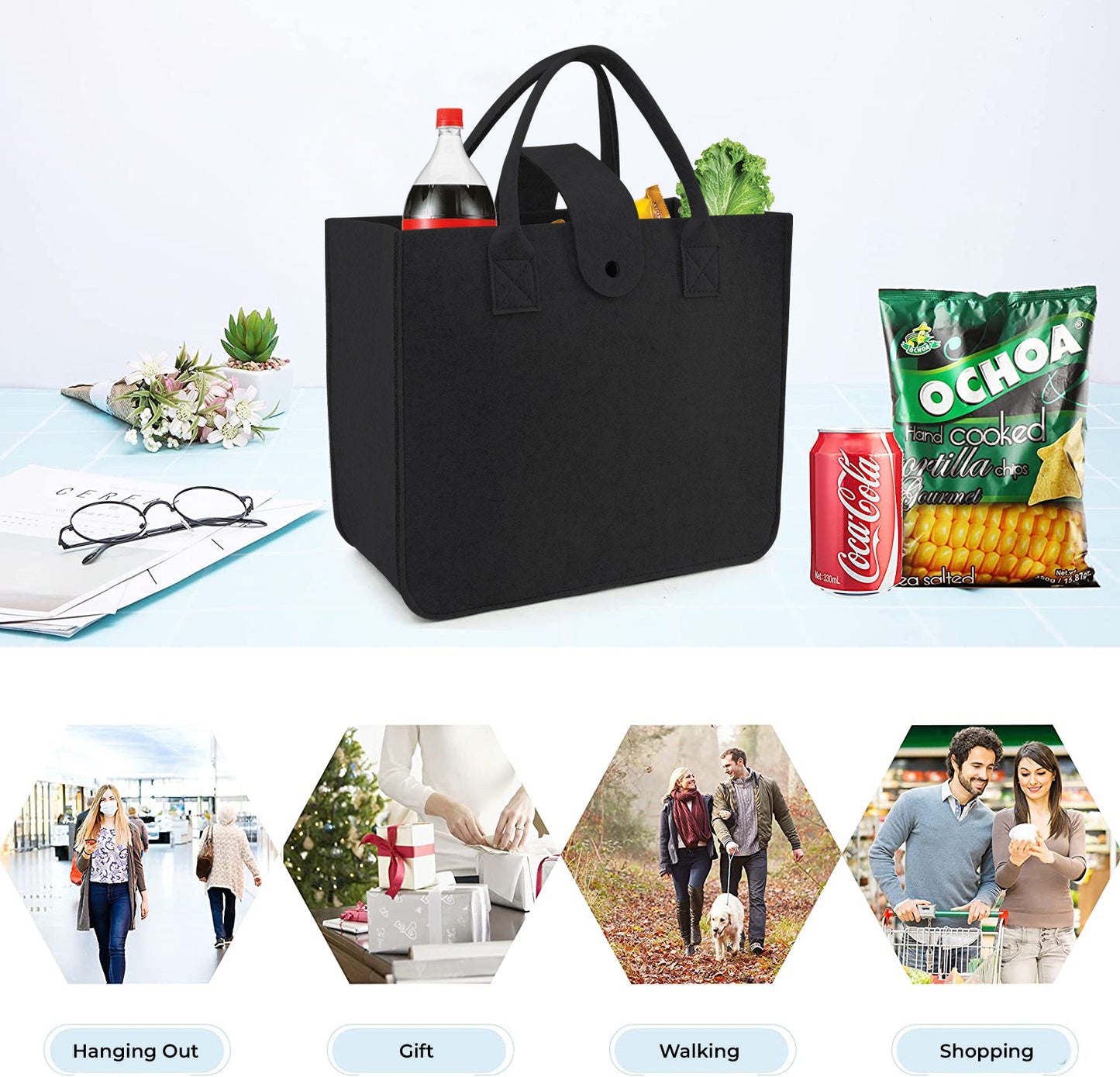 SYUTAM Felt Fabric Reusable Shopping Bag with Handle & Button Closure for Grocery, School, Beach, Travel, Study, Gym, Gifts