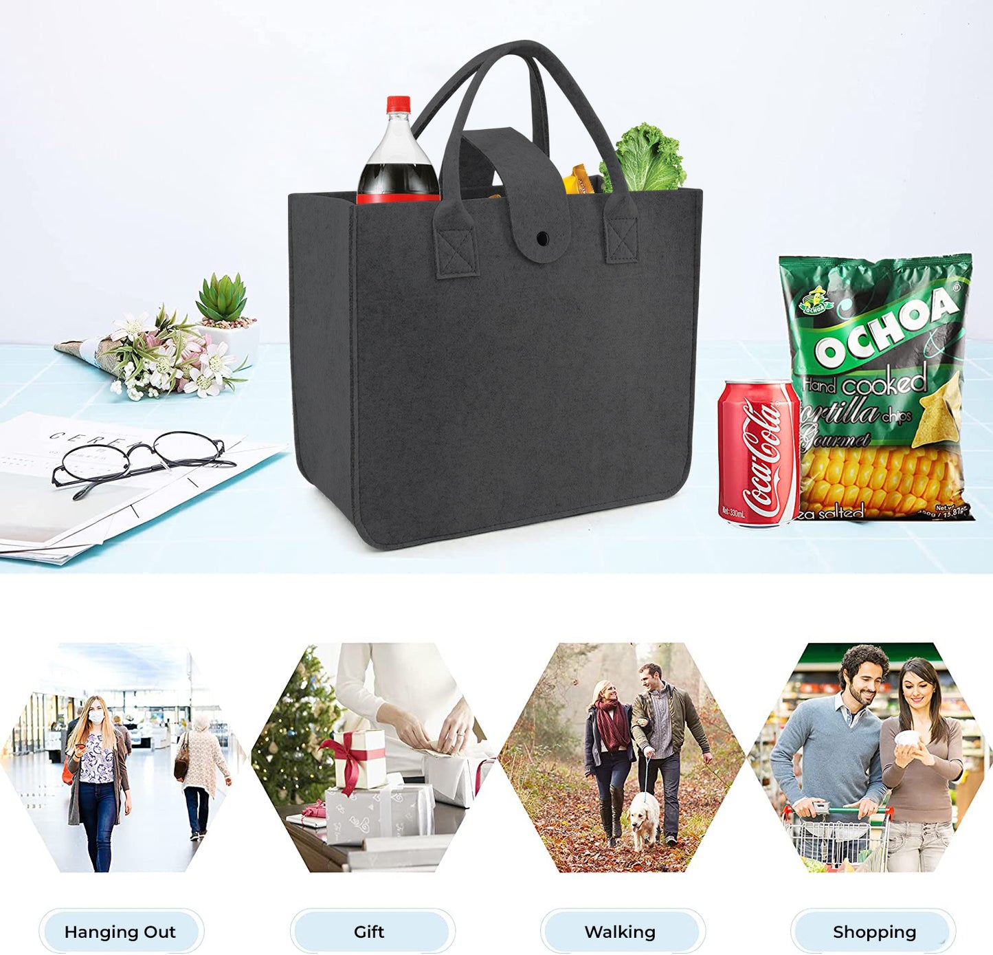 SYUTAM Felt Fabric Reusable Shopping Bag with Handle & Button Closure for Grocery, School, Beach, Travel, Study, Gym, Gifts