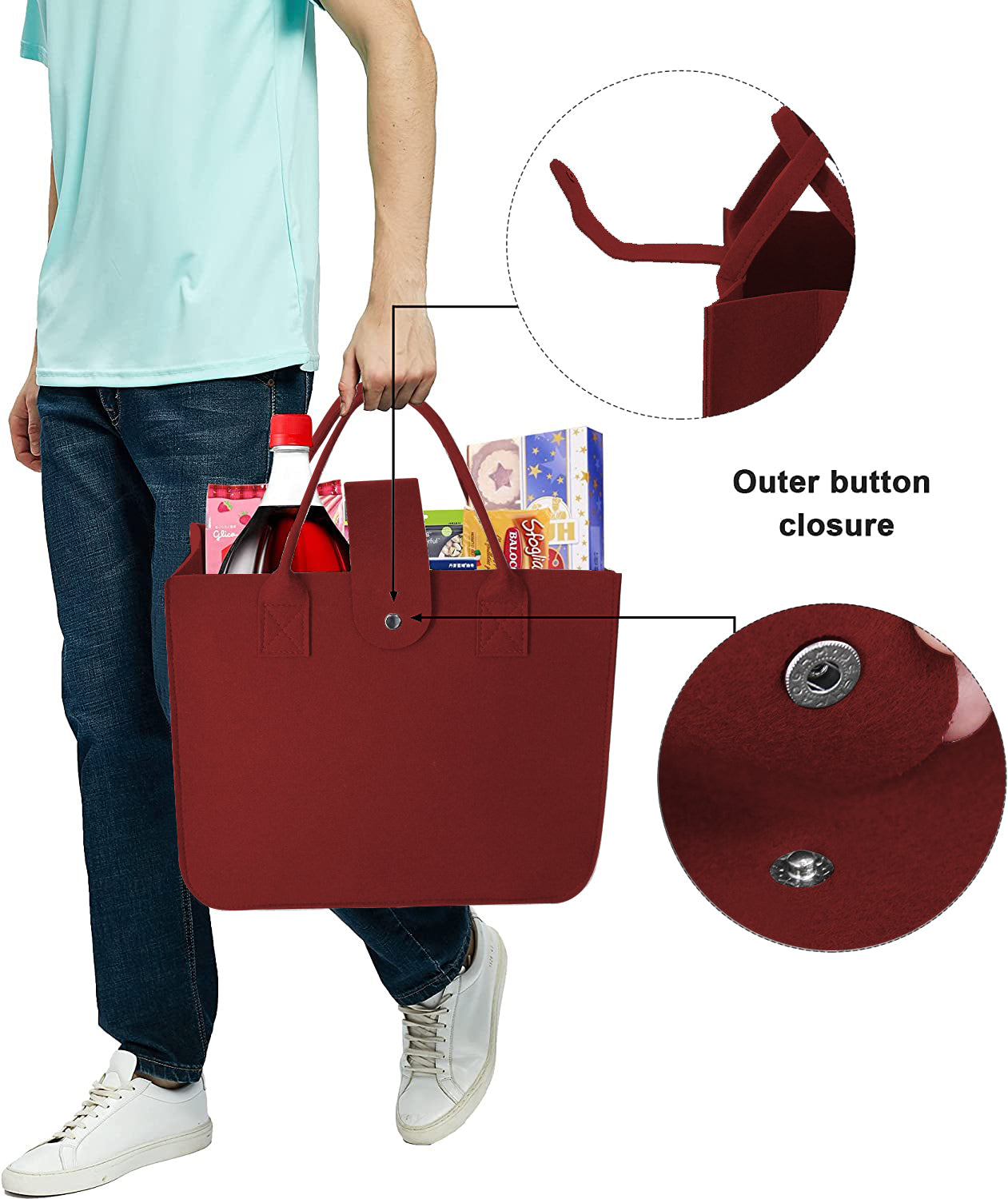 SYUTAM Felt Fabric Reusable Shopping Bag with Handle & Button Closure for Grocery, School, Beach, Travel, Study, Gym, Gifts